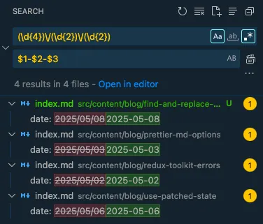 VS Code search and replace panel showing a regex search for dates in the format YYYY/MM/DD and replacing them with YYYY-MM-DD. Four matches are found across multiple files, with changes previewed in red (original) and green (replacement).